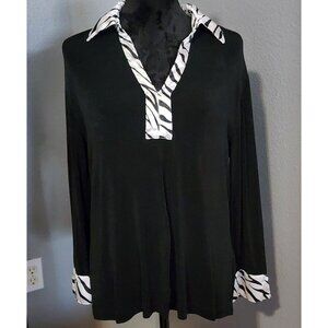 Kiara Women's Blouse XL Black 3/4 Sleeve Zebra Print Classic Casual Chic Modern